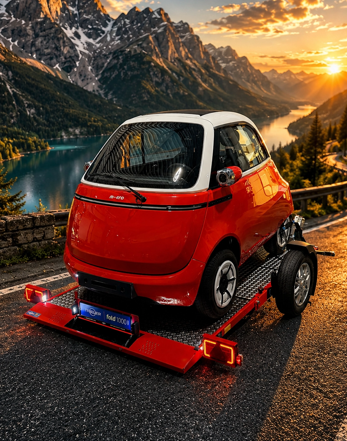 Microlino in front of a holiday home